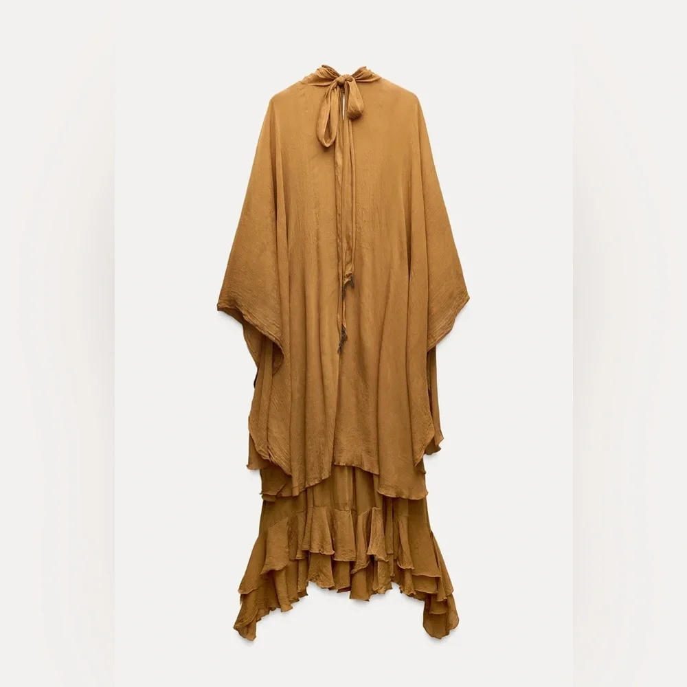 Zara dress maxi cape mustard yellow flowy kimono kaftan boho summer - Picture 6 of 11